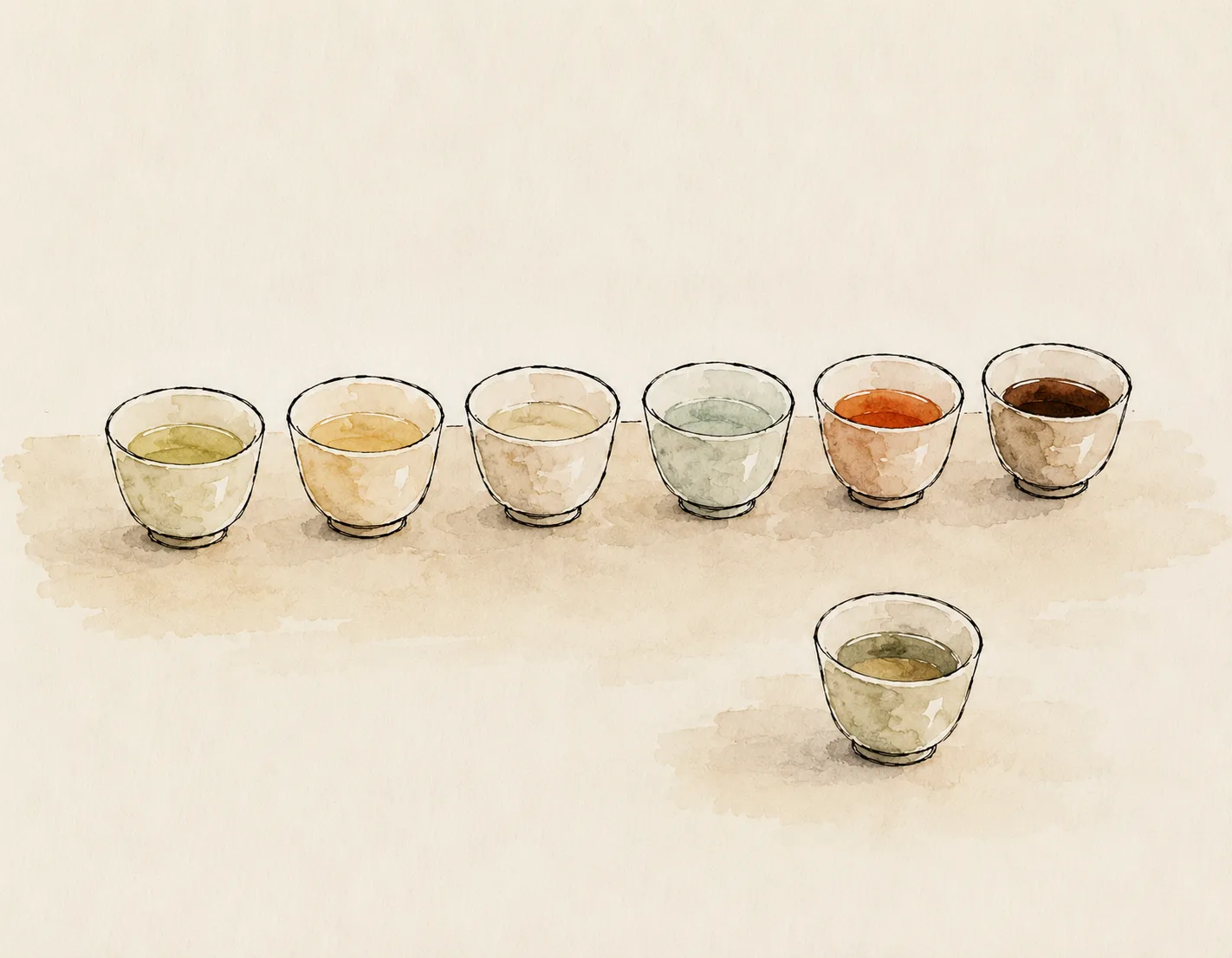 Six tasses de thé alignées par couleur de liqueur, plus une septième en retrait pour le Pu'er sheng.