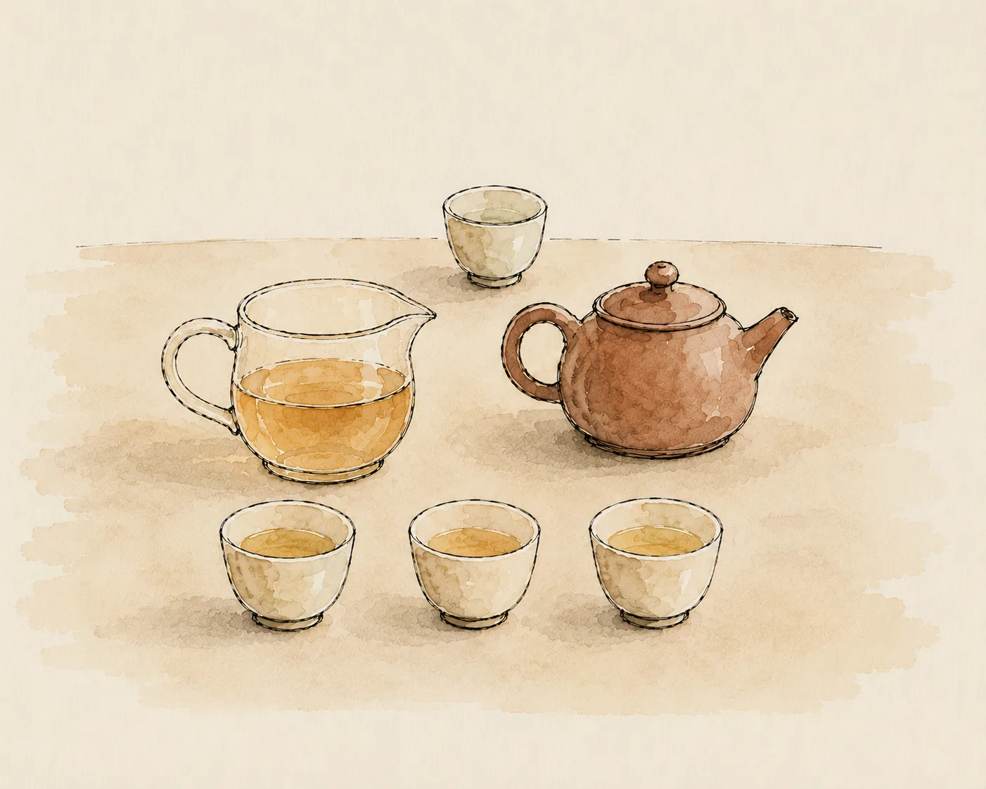 Service Gongfu en céramique de Yixing, théière, pichet à thé, tasses à parfum et tasses à goûter, sur table en bois.