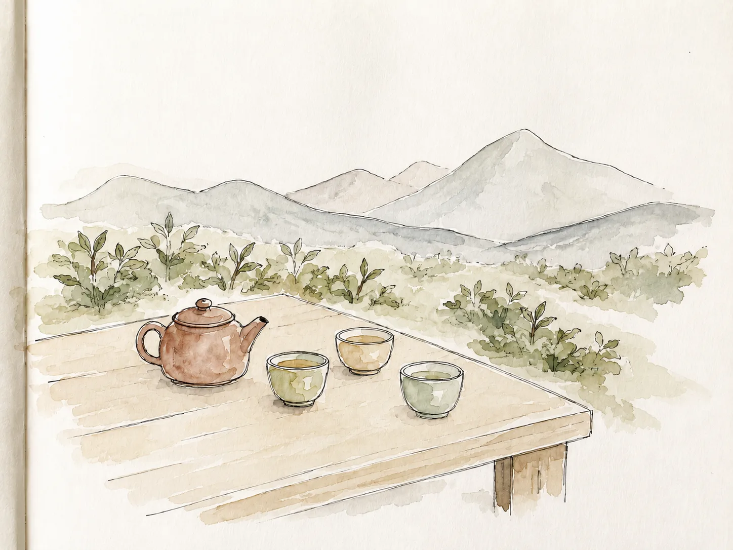 Vue d'une retraite en pleine nature avec maison traditionnelle et table de thé dehors.