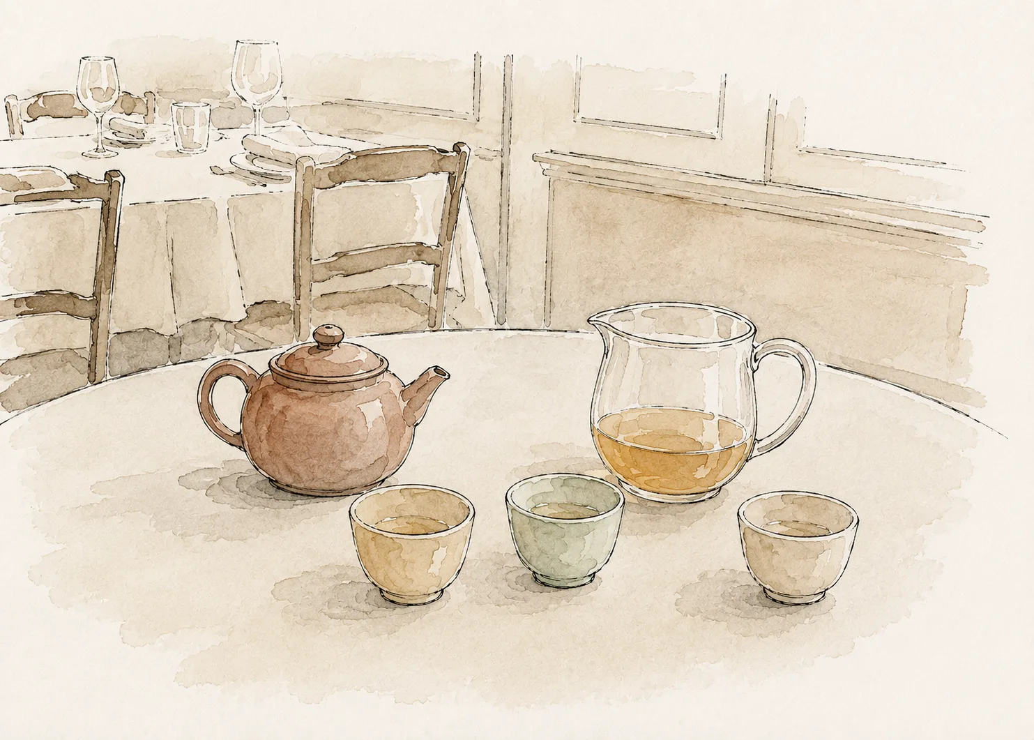 Service à table dans un restaurant avec théière et tasses, dans un cadre professionnel.